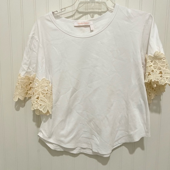 See By Chloe White Tee with Cream Lace Accents - Picture 1 of 5